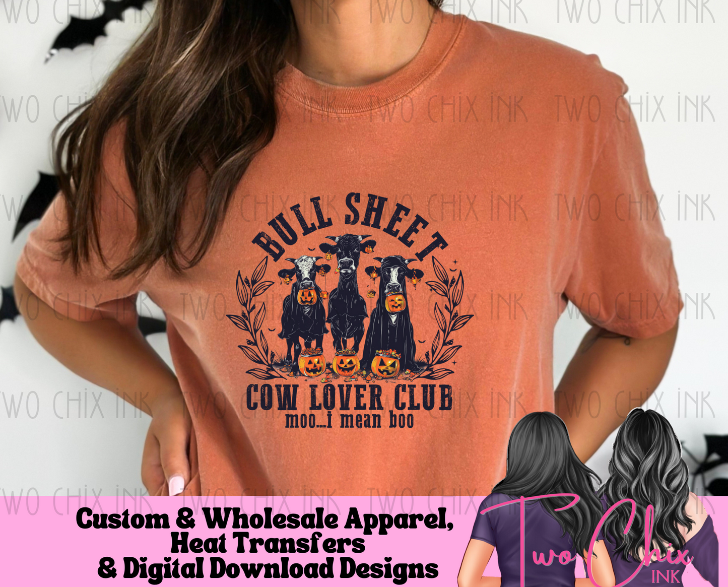 Bull Sheet Cow Lovers Club Halloween Graphic | Funny Cow Design with Jack-o-Lanterns | Boo I Mean Moo Shirt | Wholesale DTF