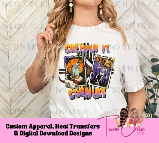 Creepin' It Country: Skeleton Pumpkin, Longhorn Skull, Halloween Design, Rustic Charm, Purple Orange Black, Autumn Style DTF Ready to Press Heat Transfer